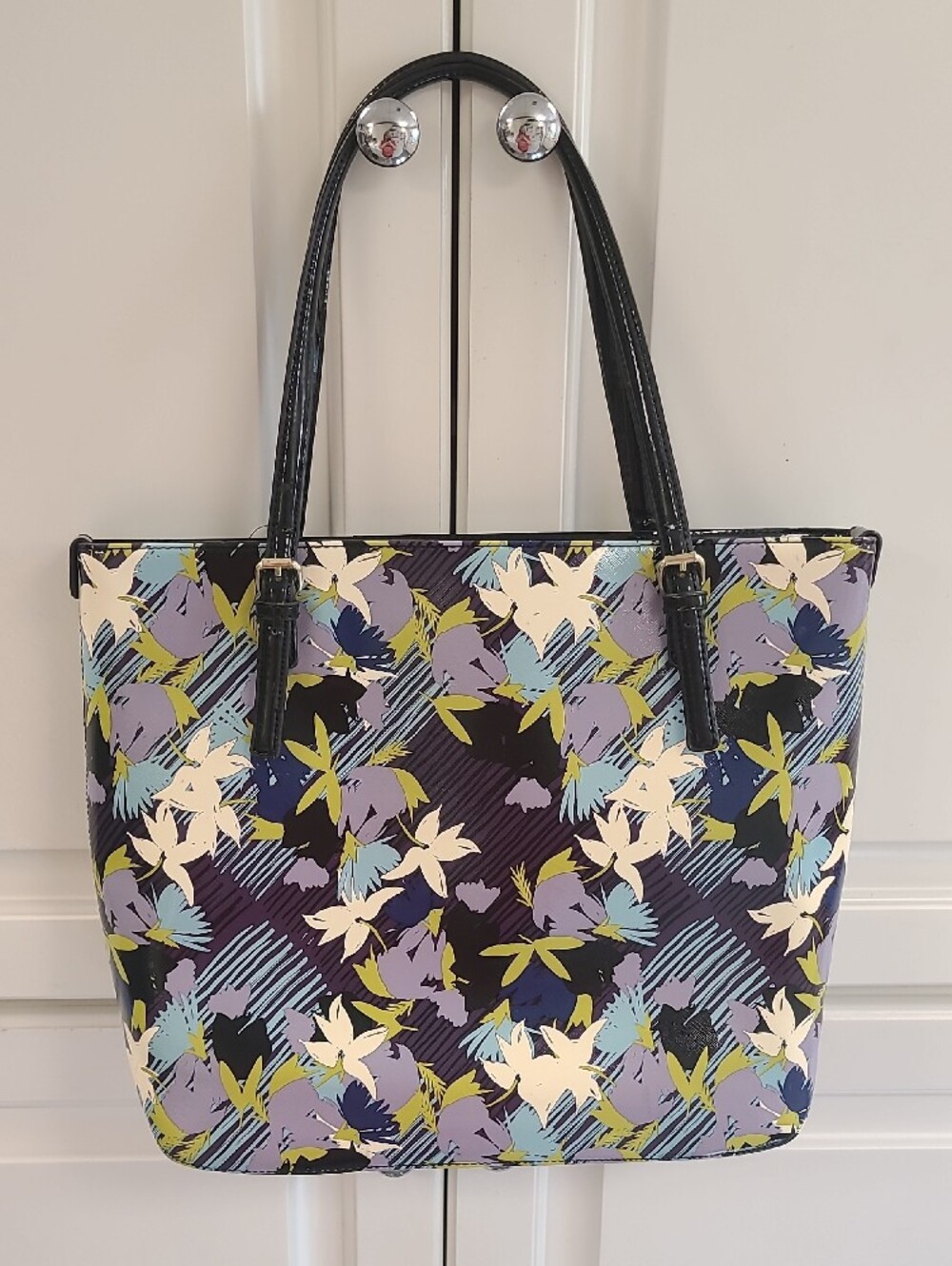 Anne Klein NWT Black Patent Floral Tote with Lavender and Lime Accents - Picture 5 of 14